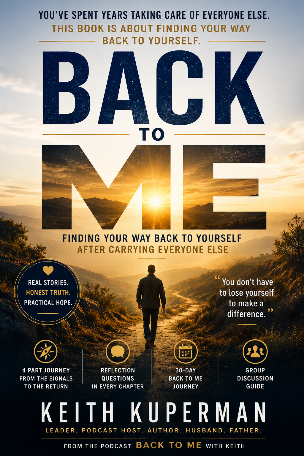 Back to Me book cover: a man walking a mountain path toward the sunrise, with the title Back to Me and the subtitle Finding Your Way Back to Yourself After Carrying Everyone Else, by Keith Kuperman